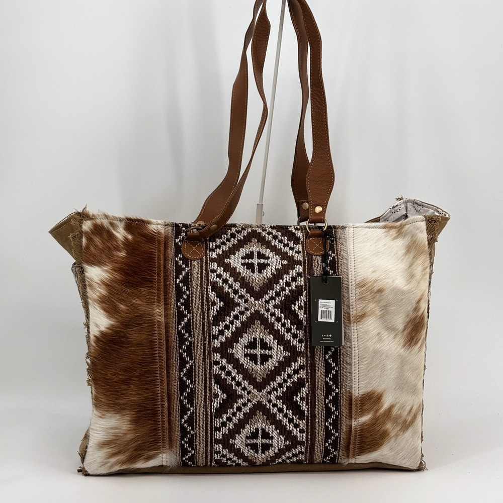 Myra Bag Elisa Weekender Bag Women Large Brown Cowhide Kilim Canvas S-6202 New